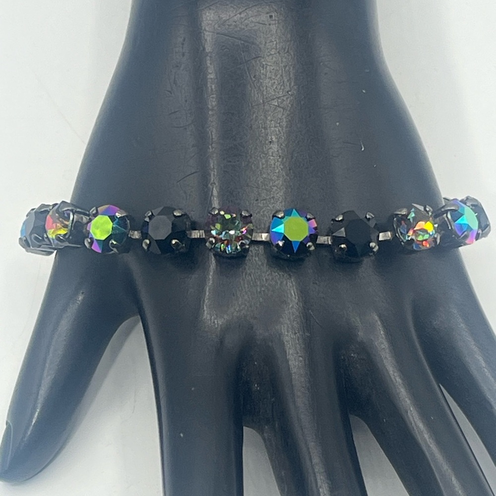Aurora Borealis Peacock Crystal Black Metal Delicate Bracelet 7-8.5”